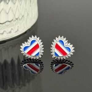Costa Rica Flag Earrings Heart bling S925 Sterling Silver Handmade Ear Stud